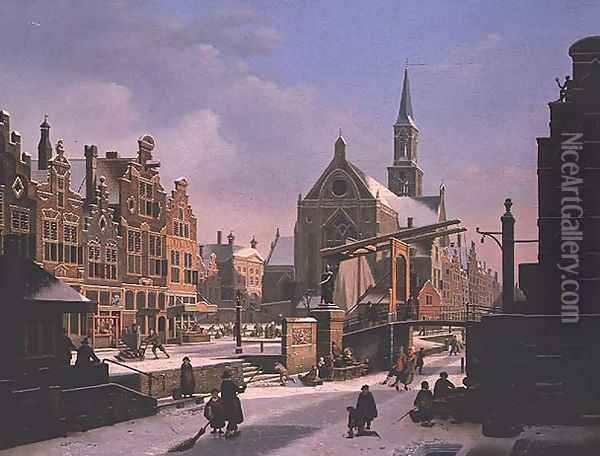 Town Scene in Winter Oil Painting - Jan Hendrik Verheyen