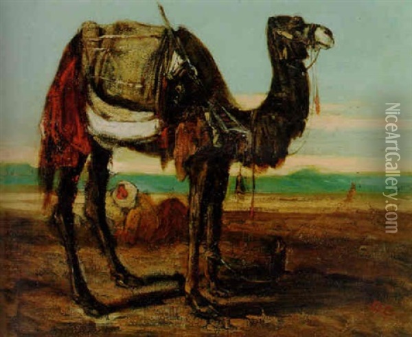A Bedoin And A Camel Resting In A Desert Landscape Oil Painting - Alexandre Gabriel Decamps