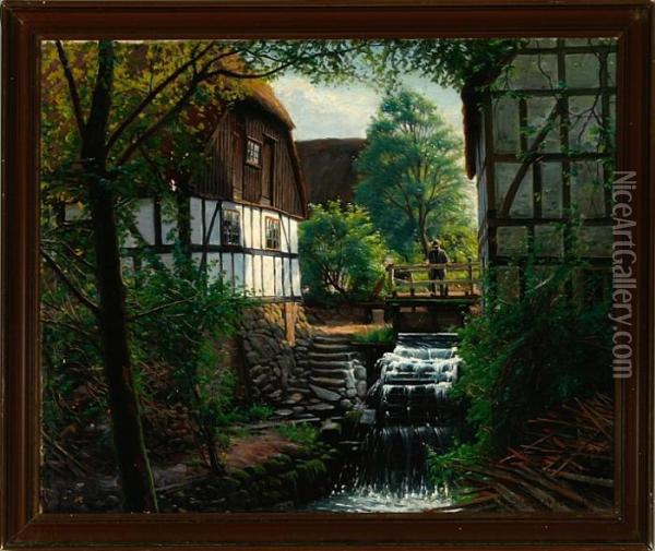 Village Scenery With A Man At A Water Mill Oil Painting - Sigvard Hansen