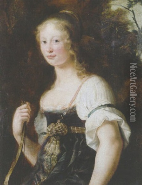 A Portrait Of A Young Woman As Diana, Wearing A Green Dress And Chemise, A Wrap Around Her Waist Oil Painting - Christian van Couwenbergh