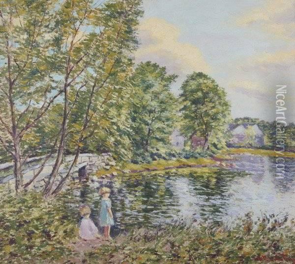 Children Playing By The Stream Oil Painting - Hugo Melville Fisher