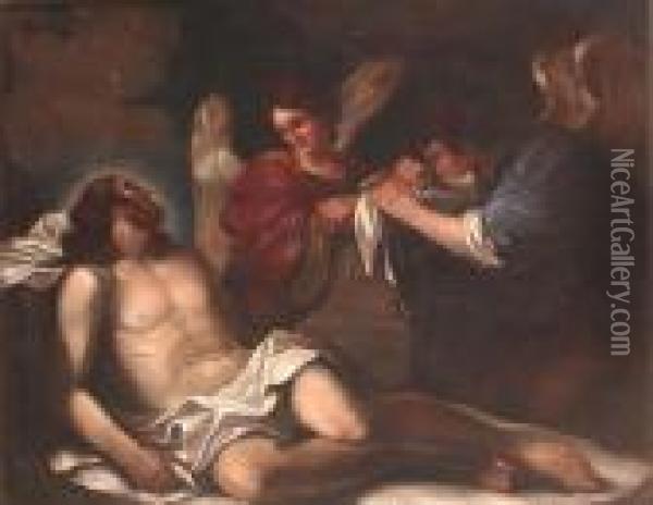 The Dead Christ Mourned By Two Angels Oil Painting - Guercino