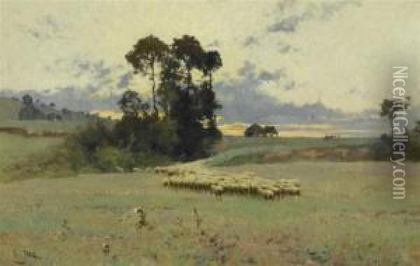 Landscape With A Flock Of Sheep Oil Painting - Edouard Pail