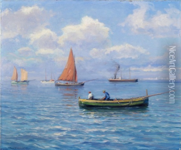 Fischerboot, Segelboote Und Ein Dampfschiff Im Mittelmeer Oil Painting - Paul Kutscha