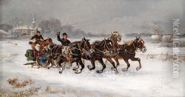 Pferdeschlitten In Winterlicher Landschaft Oil Painting - Adolf (Constantin) Baumgartner-Stoiloff