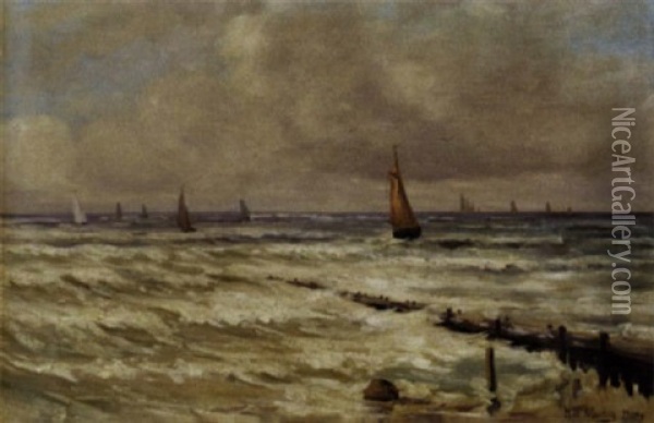 Marine Med Sejlskibe Ud For Kysten Oil Painting - Hendrik Willem Mesdag
