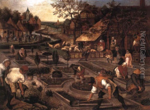 Spring: Gardeners, Sheep Shearers And Peasants Merrymaking Oil Painting - Pieter Brueghel the Younger