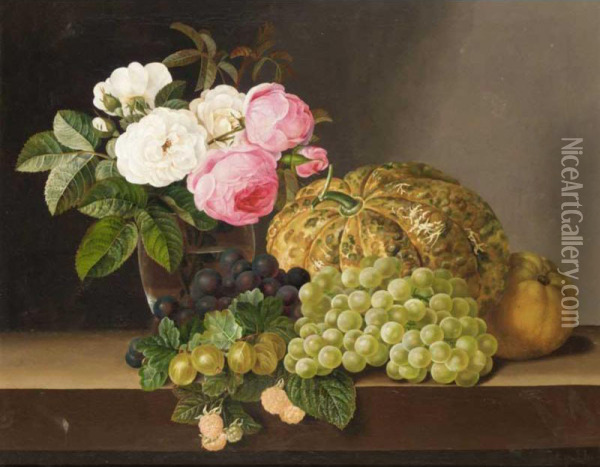Still Life With Roses In A Glass Vase Together With A Melon, Grapes, Gooseberries, Raspberries And A Grapefruit On A Stone Ledge Oil Painting - Line Holm