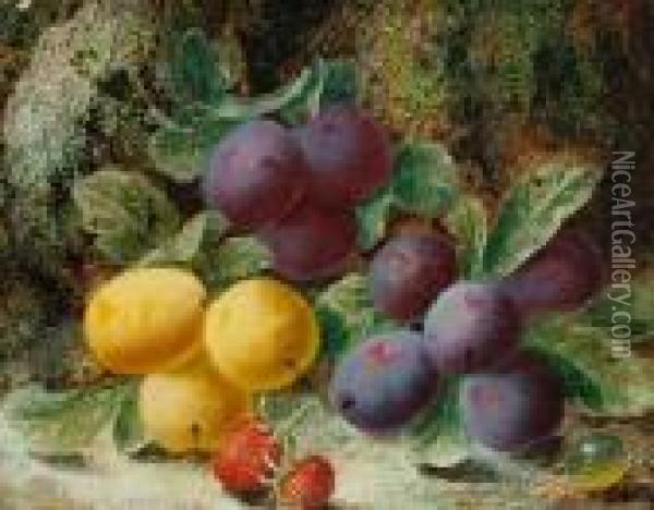 Still Life Of Plums And Strawberries On Amossy Bank Oil Painting - Oliver Clare