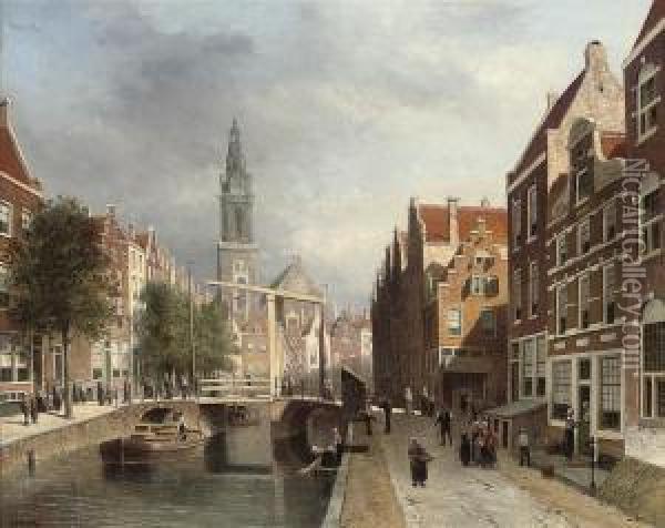 On A Canal, Amsterdam Oil Painting - Johannes Frederik Hulk, Snr.