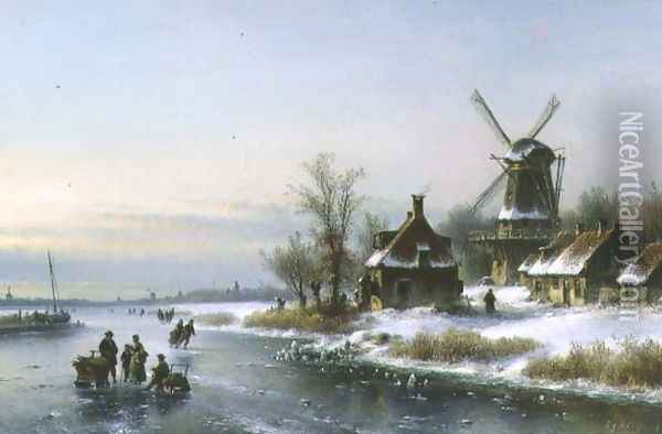 Windmill by a Frozen River Oil Painting - Laurens Johannes Kleijn