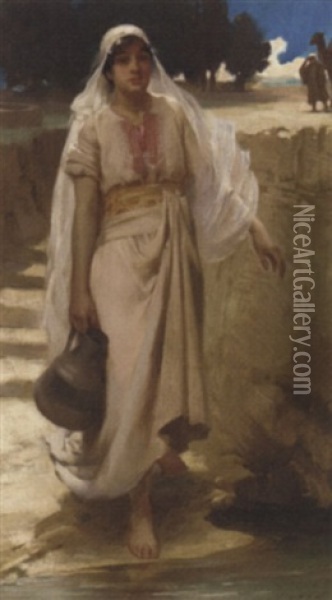 An Eastern Girl Fetching Water From The Stream Oil Painting - James Clark
