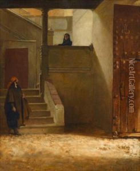 Figures On A Stairwell Oil Painting - Jehan Georges Vibert
