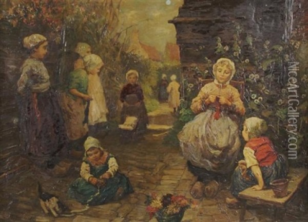 Young Children Playing In A Courtyard Oil Painting - Rudolph Jelinek