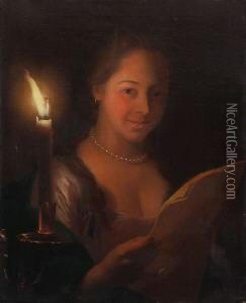 Junges Frau Bei Der Lekture Eines Briefes Im Kerzenschein. Oil Painting - Godfried Schalcken