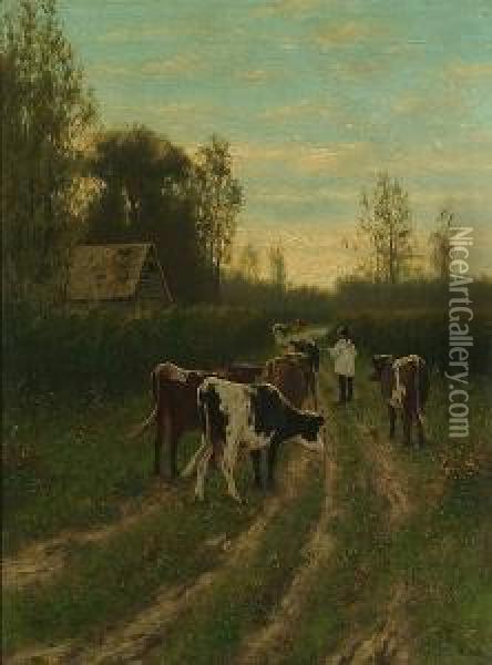 Cattle And A Herdsman On A Country Lane Oil Painting - William Frederick Hulk