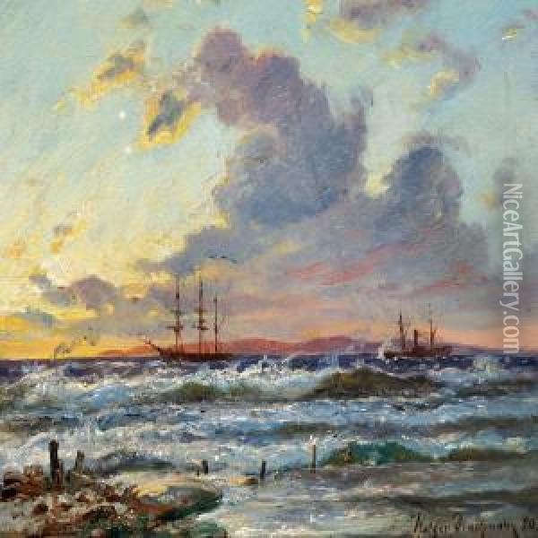 Sailing Ship And Steamers Off The Coast At Sunset Oil Painting - Holger Drachmann