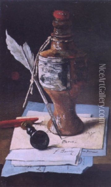 Inkstand, Plume And Letters Oil Painting - Francois Bonvin