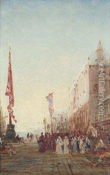 Prozession Beim Dogenpalast In Venedig. Oil Painting - Felix Ziem