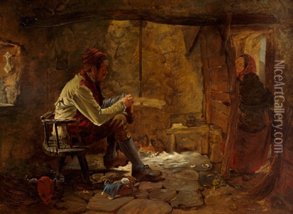 His Own Fireside Oil Painting - Erskine Nicol