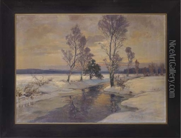 Winter Sunset, Moorbruch, Germany Oil Painting - Franz Schreyer
