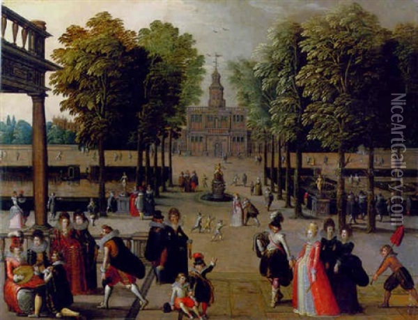 An Elegant Company In A Park With A Boating Lake And Formal Garden, A Palace Beyond Oil Painting - Louis de Caullery