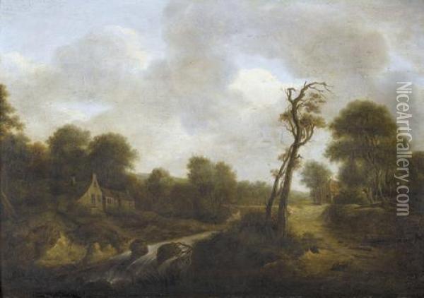 Bewaldete Flusslandschaft Mit Bauernhausern Oil Painting - Jacob Van Ruisdael