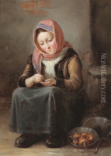 Junge Zwiebelverkauferin Oil Painting - Johann Baptist Reiter