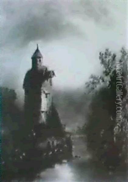 An Old Windmill By Moonlight Oil Painting - John Wilson Carmichael