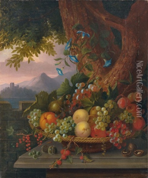 Fruchtestilleben Vor Berglandschaft Oil Painting - Moritz Riebes