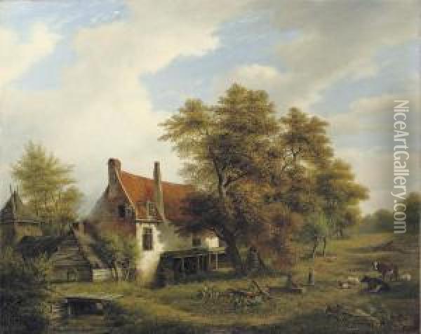 In The Farmyard Oil Painting - Maurits Van Den Kerkhoff
