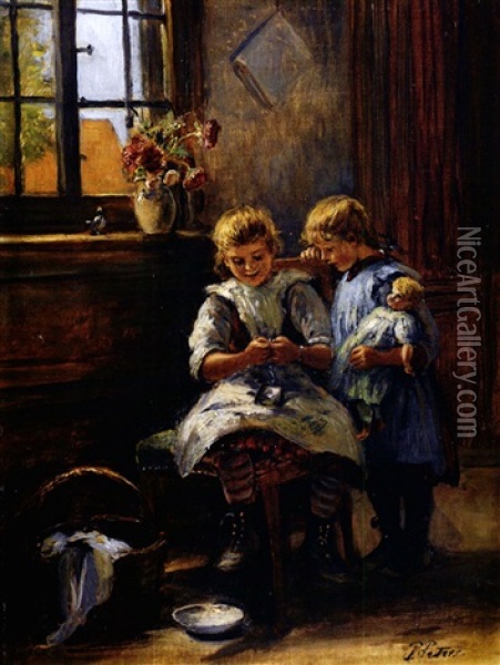Zwei Kleine Madchen Mit Puppe Am Fenster In Einer Stube Oil Painting - Pietronella Peters