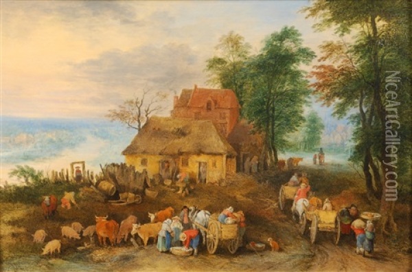 Scenes Villageoises (pair) Oil Painting - Theobald Michau