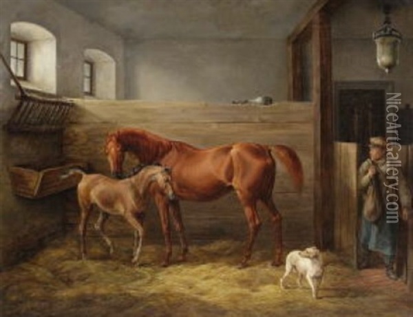 Pferdestall - Interieur Oil Painting - Albrecht Adam