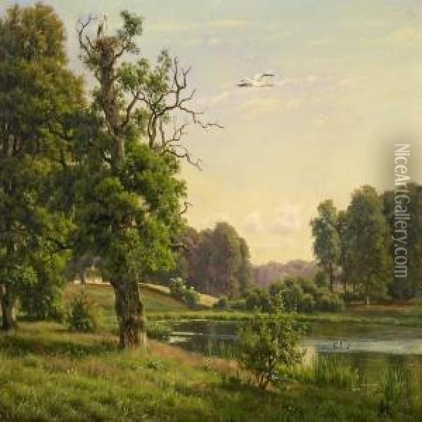 Scenery With Lakeand A Pair Of Nesting Storks Oil Painting - Carsten Henrichsen