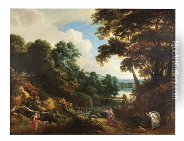 A Wooded Landscape With Diana And Her Nymphs Hunting A Stag Oil Painting - Jacques d' Arthois