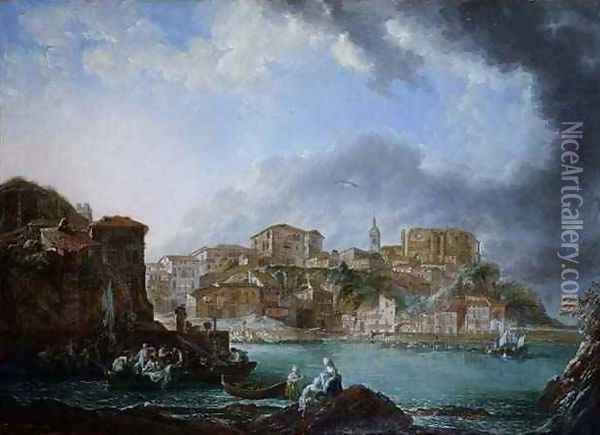 View of the harbour with figures in boats Oil Painting - Linton Park