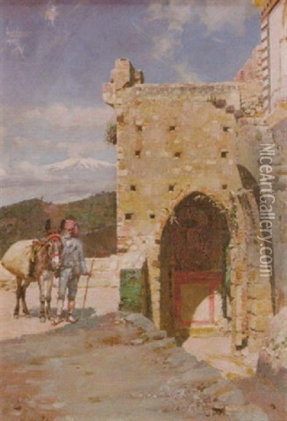 Peasant With A Donkey By A Doorway Oil Painting - William Logsdail