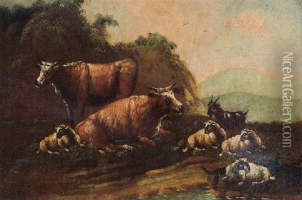 A Shepherd Resting With His Sheep And Cattle By A Stream Oil Painting - Domenico Brandi
