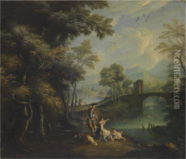 A Rocky River Landscape With Figures In The Foreground Oil Painting - Anton Faistenberger