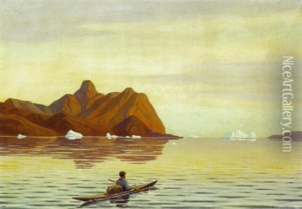 Kajakmand. Godthaabsfjorden. Gronland Oil Painting - Emanuel A. Petersen