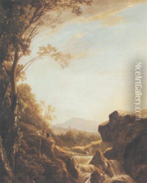 An Italianate Landscape With An Artist Sketching Beside A Cascade Oil Painting - Jan Dirksz. Both