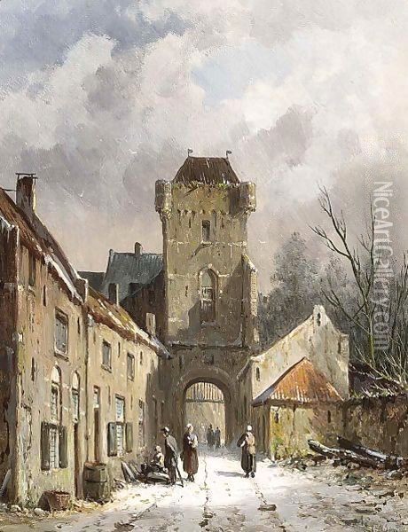 A Wintry View Of The Dijkpoort In Hattem Oil Painting - Adrianus Eversen