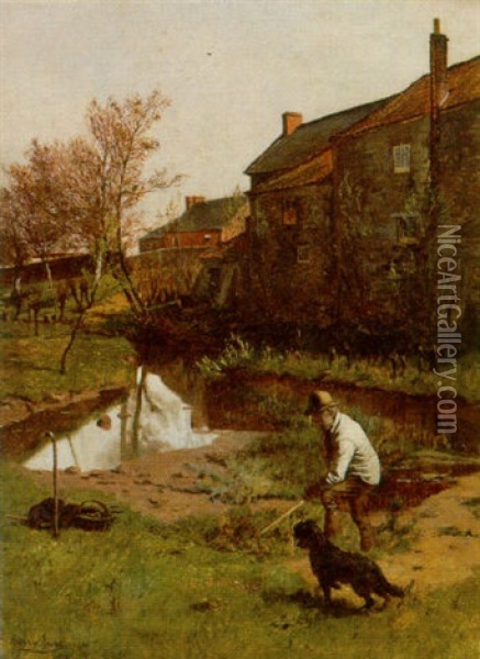 A Man With His Dog Digging Before A Mill Pond Oil Painting - Harry Frier