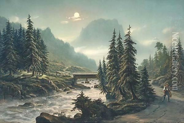 Pont Du Lutschine Vers Le Hunefluh Oil Painting - Ludwig Bleuler