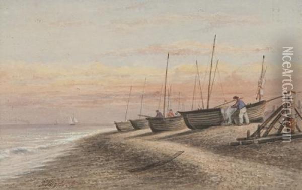 Coastal Scene With Fishing Boats On The Shore Oil Painting - Thomas Smythe