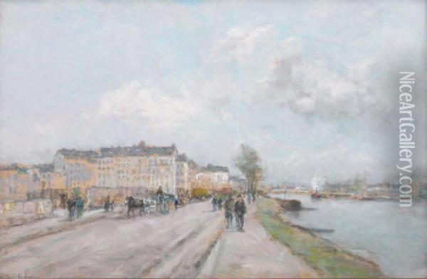 La Seine A Suresnes Oil Painting - Des Andre Fontaines