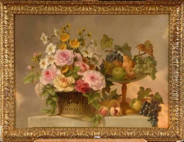 Nature Morte Aux Fleurs Et Aux Fruits Sur Un Entablement Oil Painting - Virginie de Sartorius