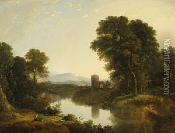 A River Landscape With A Goatherd And His Goats In The Foreground And Ruins Beyond Oil Painting - William Traies