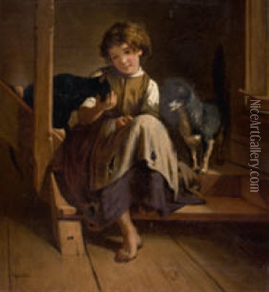 Kleines Madchen In Zerrissenem Kleid Mit Hund Und Katze Oil Painting - Johann-Joseph Geisser